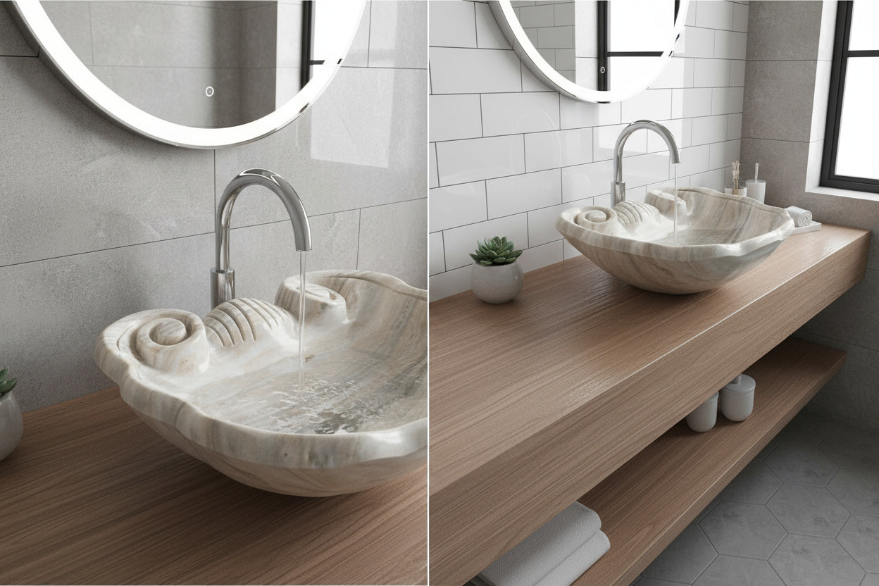 Luxury Marble Bathroom Sink – Hand-Carved Natural Stone Vessel Basin, Elegant Vanity Bowl