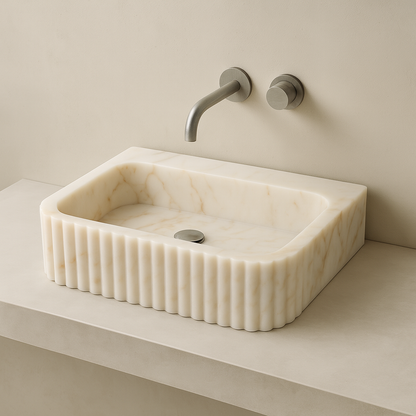 Marble Sink – Calacatta Stone Vessel Sink for Bathroom | Fluted Luxury Rectangular Basin 16"x20"x5.5"