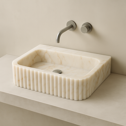 Marble Sink – Calacatta Stone Vessel Sink for Bathroom | Fluted Luxury Rectangular Basin 16"x20"x5.5"