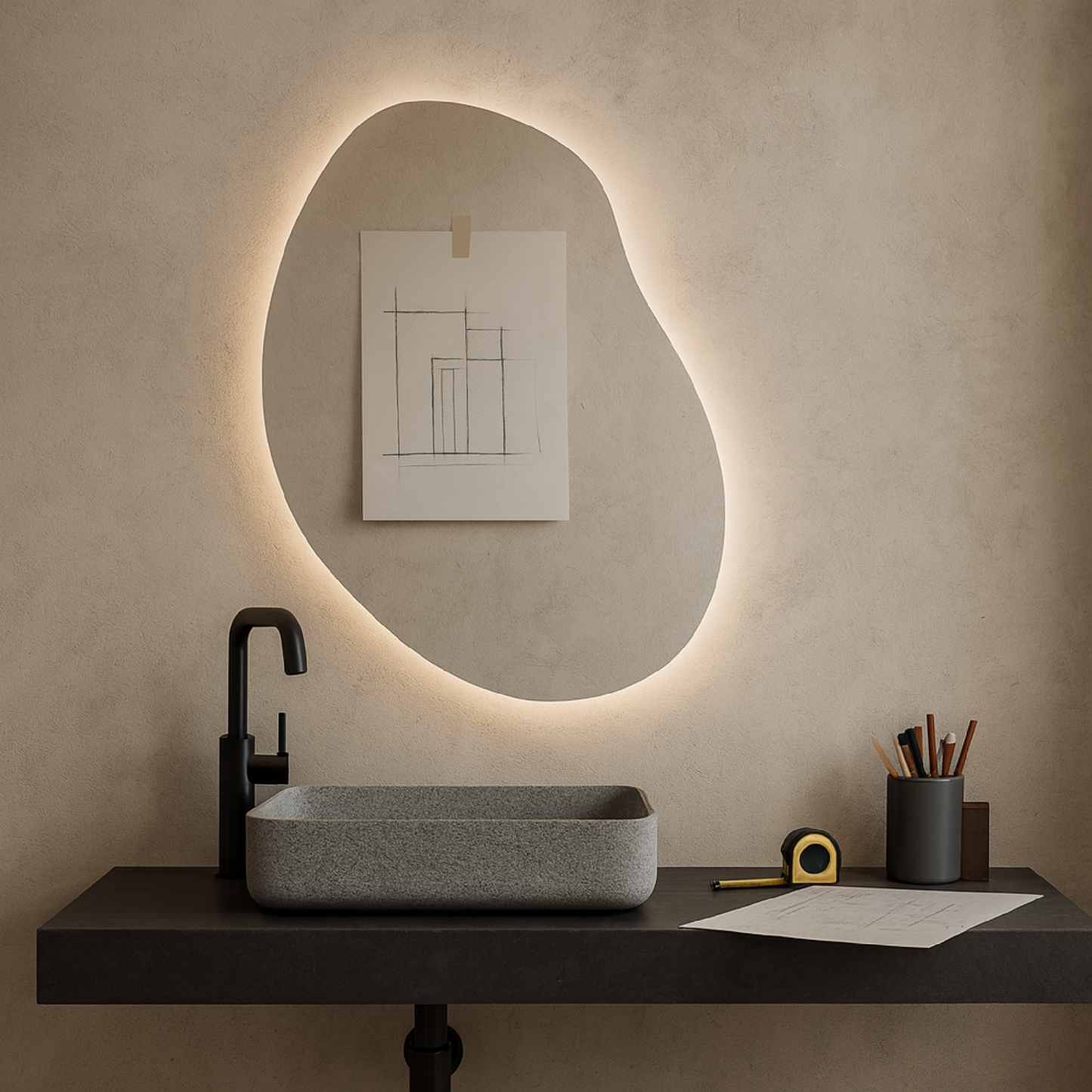 LED Bathroom Mirror – Modern Irregular Shaped Lighted Vanity Mirror with Touch Sensor