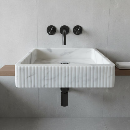 Marble Sink – Carrara White Wall-Mount Bathroom Sink Ribbed Textured | Luxury Natural Stone Vanity Basin 16"x24"x6"