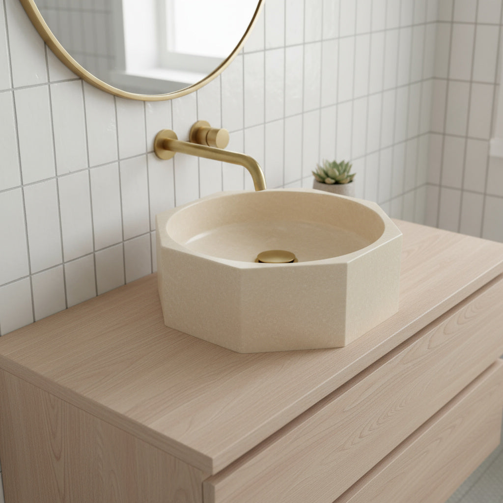 Marble Sink – Light Beige Travertine Octagon Vessel Bathroom Sink Polished | Natural Stone Above-Counter Basin 16"x16"x5"