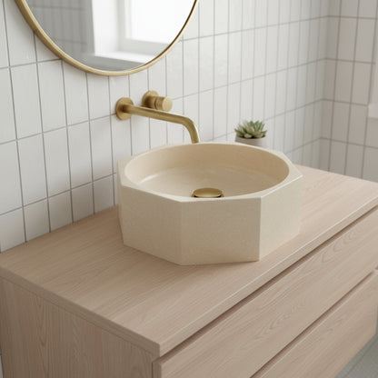 Marble Sink – Light Beige Travertine Octagon Vessel Bathroom Sink Polished | Natural Stone Above-Counter Basin 16"x16"x5"
