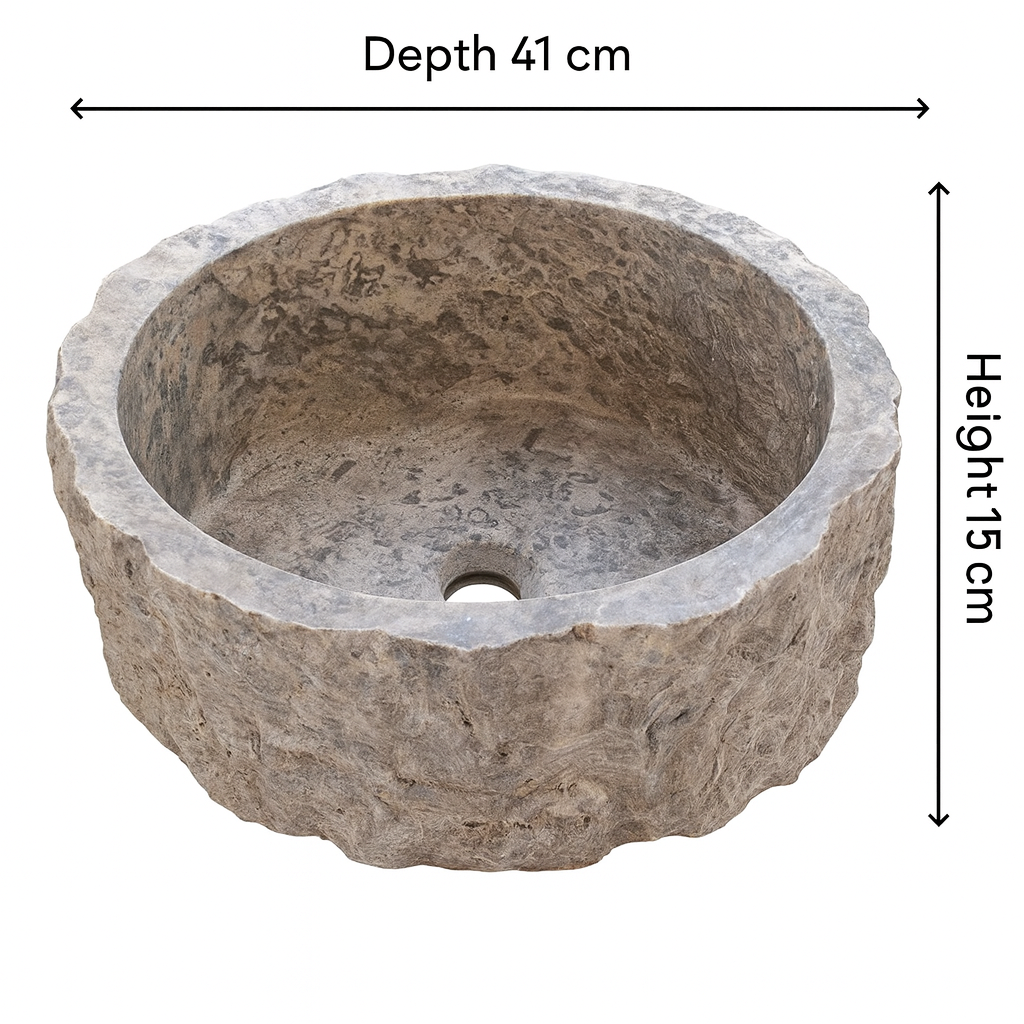Rustic Stone Bathroom Sink – Silver Travertine Vessel Sink | Natural Hand-Carved Vanity Bowl