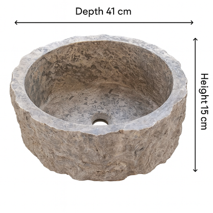 Rustic Stone Bathroom Sink – Silver Travertine Vessel Sink | Natural Hand-Carved Vanity Bowl