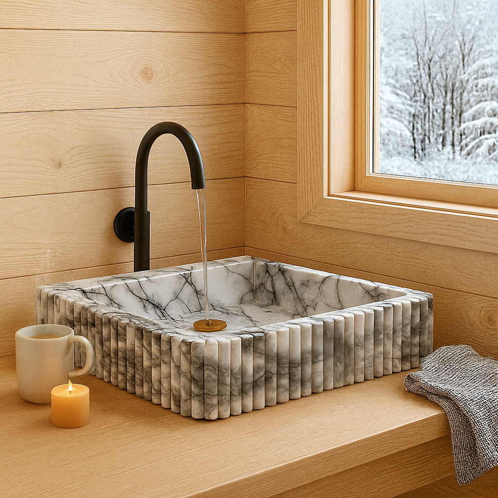 Luxury Marble Bathroom Sink – New York Marble Wall-Mount Vanity with Ribbed Texture