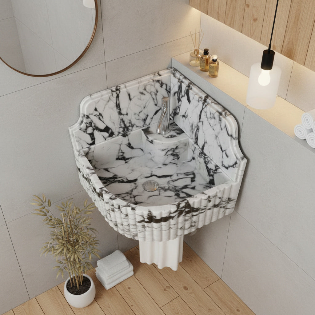 Marble Sink – Calacatta Viola Corner Wall-Mount Bathroom Sink with Fluted Design & 8" Backsplash | Luxury Natural Stone Basin 16"x16"x8"