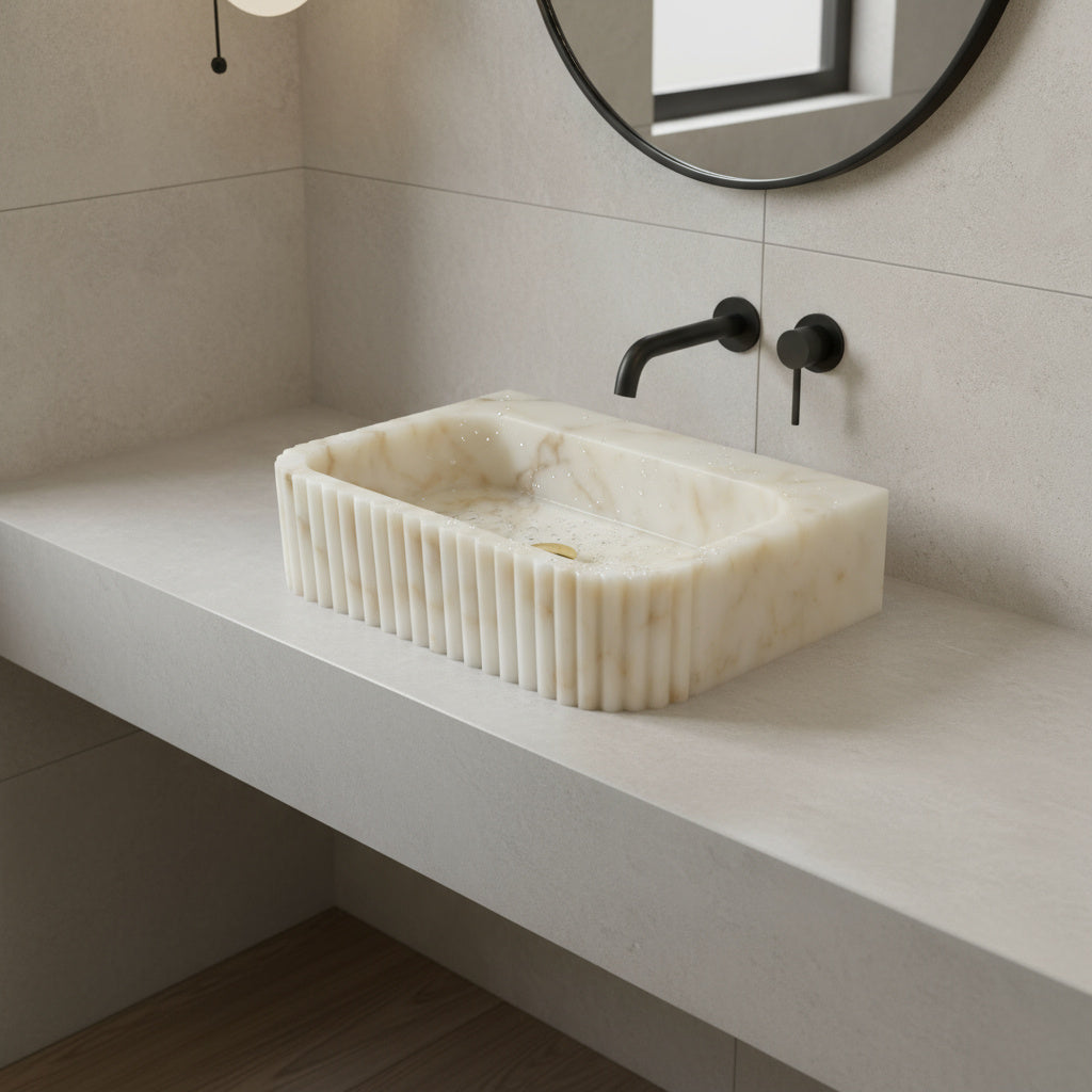 Marble Sink – Calacatta Stone Vessel Sink for Bathroom | Fluted Luxury Rectangular Basin 16"x20"x5.5"