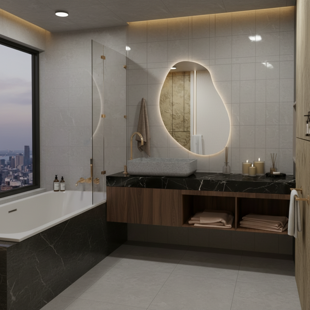 LED Bathroom Mirror – Modern Irregular Shaped Lighted Vanity Mirror with Touch Sensor