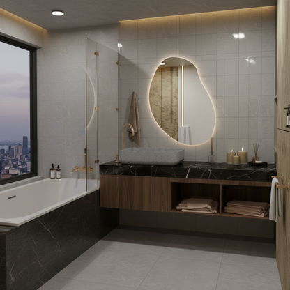 LED Bathroom Mirror – Modern Irregular Shaped Lighted Vanity Mirror with Touch Sensor