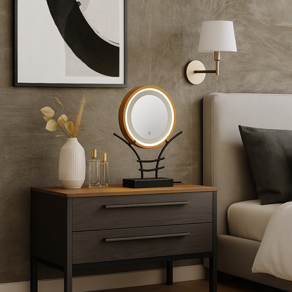 LED Makeup Mirror with Wooden Frame – Dimmable Touch Lighted Vanity Mirror & Jewelry Holder