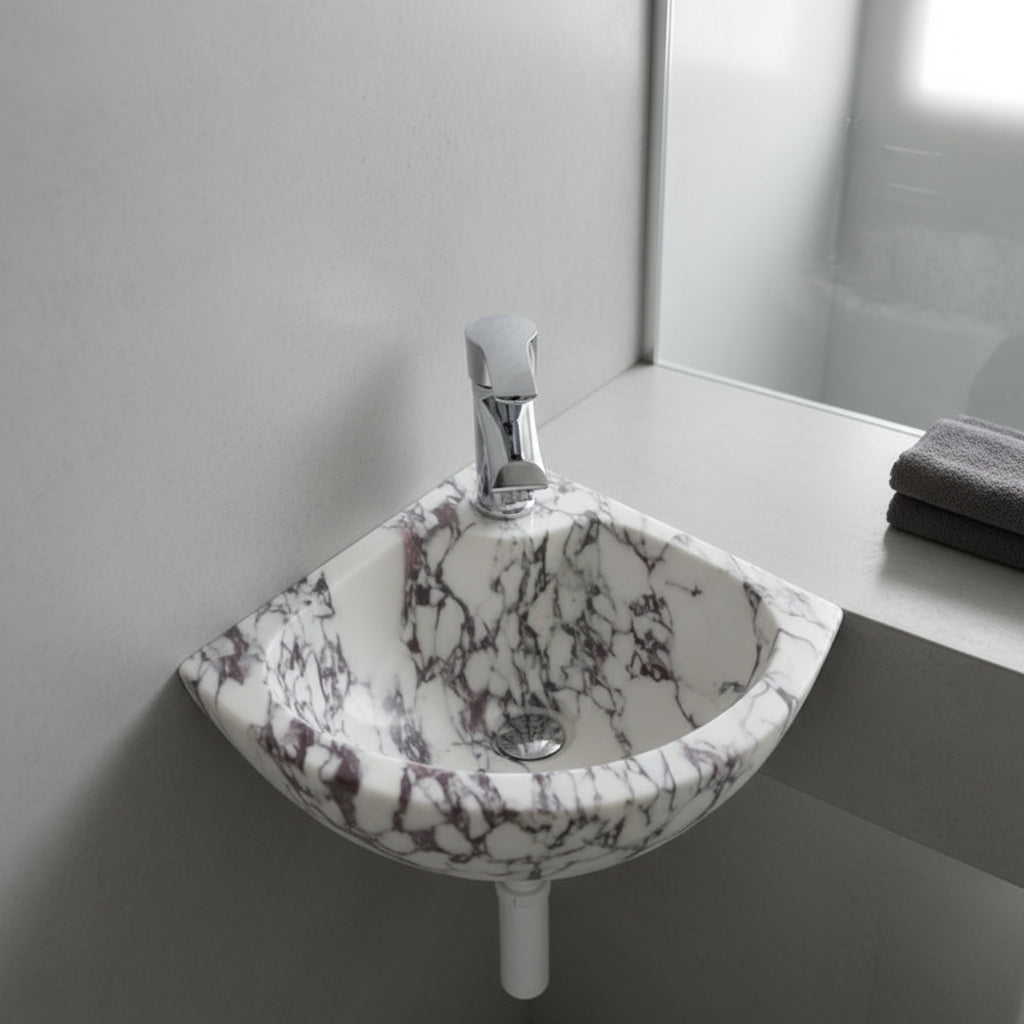 Marble Sink – Calacatta Viola Corner Wall-Mount Vanity Sink | Luxury Natural Stone Bathroom Basin 12"x12"x6"