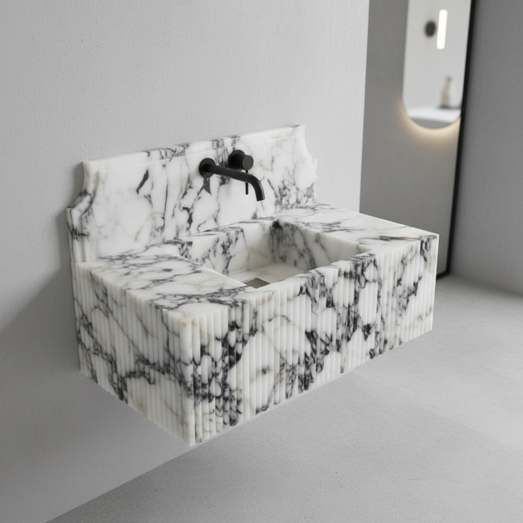 Marble Sink – Calacatta Viola Stone Bathroom Sink | Luxury Fluted Wall-Mount Basin