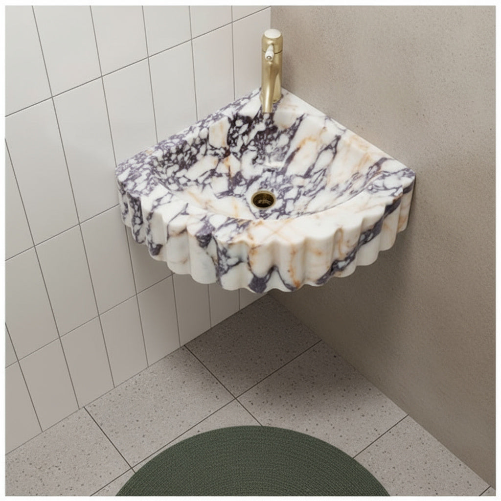 Marble Sink – Calacatta Viola Corner Wall-Mount Ribbed Vanity Sink | Luxury Natural Stone Basin 20"x20"x7"
