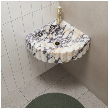 Marble Sink – Calacatta Viola Corner Wall-Mount Ribbed Vanity Sink | Luxury Natural Stone Basin 20"x20"x7"