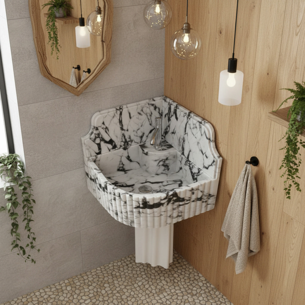 Marble Sink – Calacatta Viola Corner Wall-Mount Bathroom Sink with Fluted Design & 8" Backsplash | Luxury Natural Stone Basin 16"x16"x8"