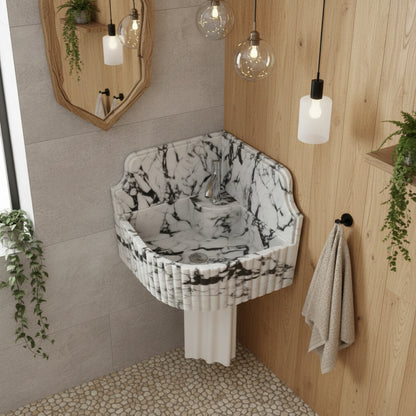 Marble Sink – Calacatta Viola Corner Wall-Mount Bathroom Sink with Fluted Design & 8" Backsplash | Luxury Natural Stone Basin 16"x16"x8"