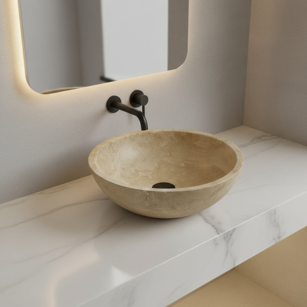 Marble Sink – Light Travertine Stone Vessel Sink for Bathroom | Round Natural Basin 16"x16"x4"