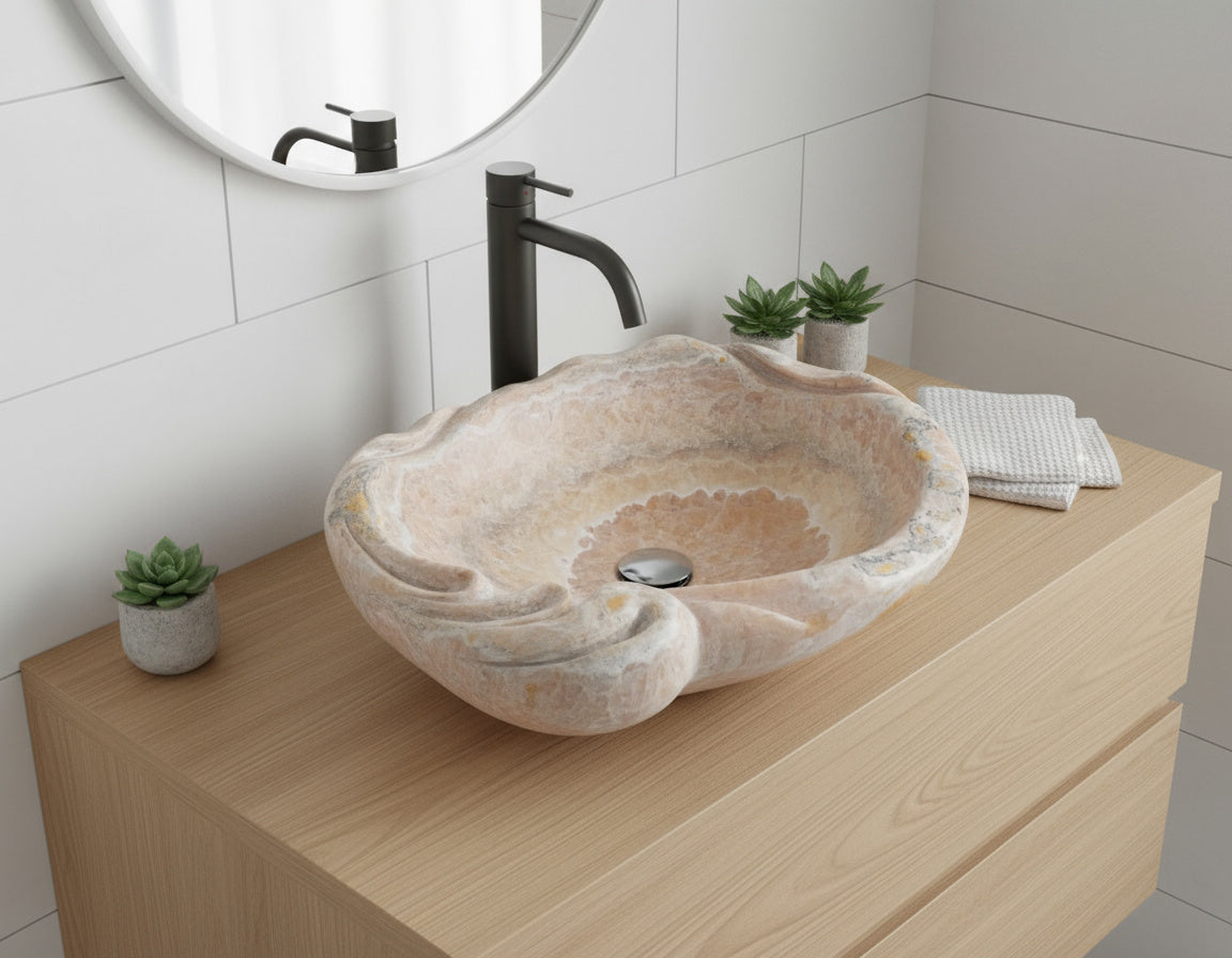 Marble Sink – Luxury Stone Sink Bathroom Basin (50x55x15 cm), Handcrafted Natural Marble Vanity Bowl