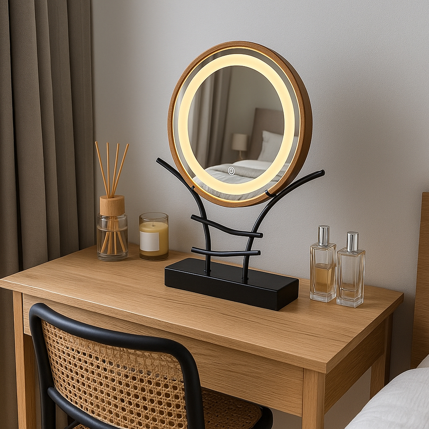 LED Makeup Mirror with Wooden Frame – Dimmable Touch Lighted Vanity Mirror & Jewelry Holder
