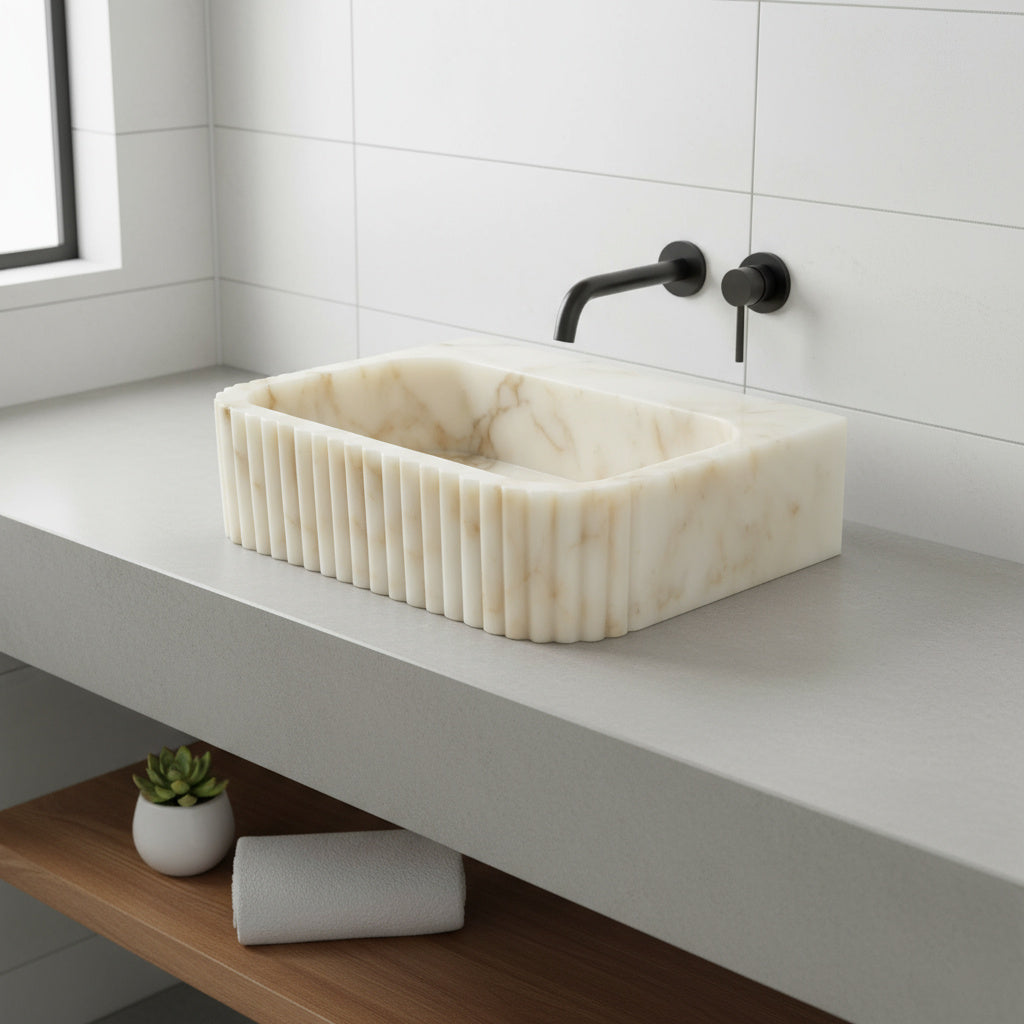 Marble Sink – Calacatta Stone Vessel Sink for Bathroom | Fluted Luxury Rectangular Basin 16"x20"x5.5"