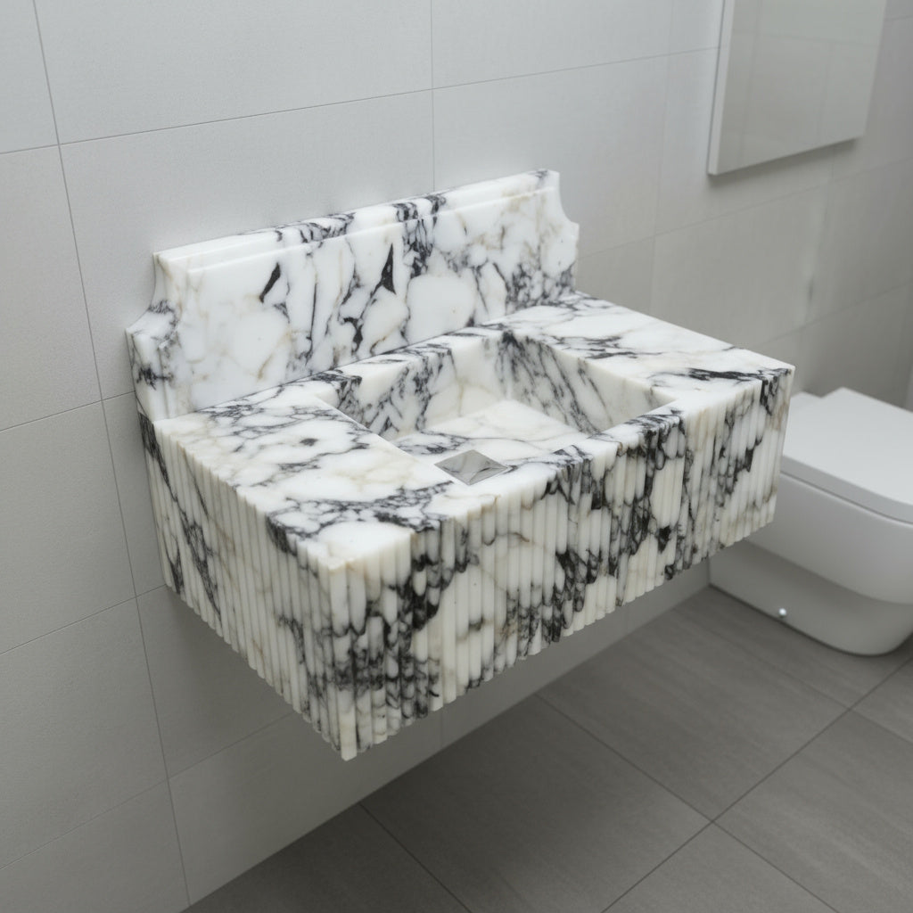 Marble Sink – Calacatta Viola Stone Bathroom Sink | Luxury Fluted Wall-Mount Basin