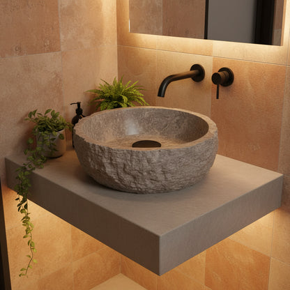 Rustic Stone Bathroom Sink – Silver Travertine Vessel Sink | Natural Hand-Carved Vanity Bowl