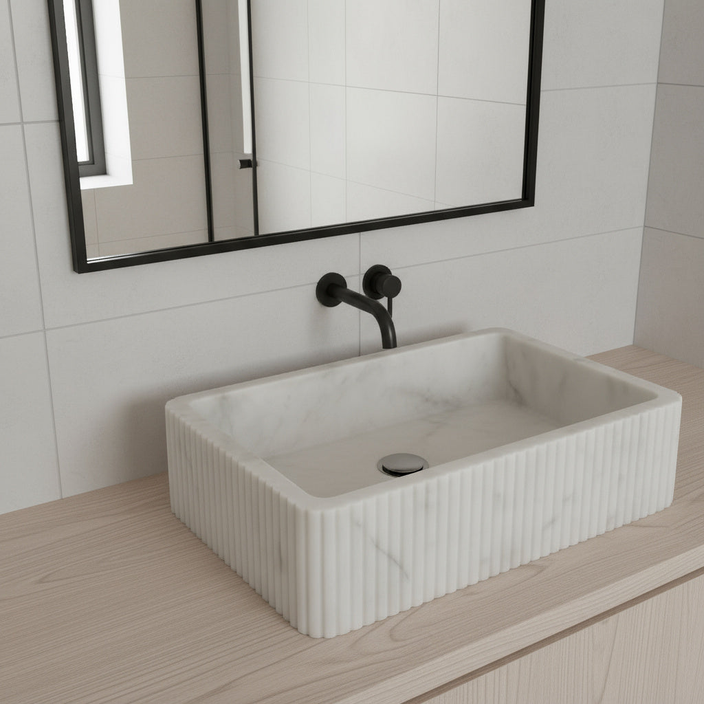 Marble Sink – Carrara White Wall-Mount Bathroom Sink Ribbed Textured | Luxury Natural Stone Vanity Basin 16"x24"x6"
