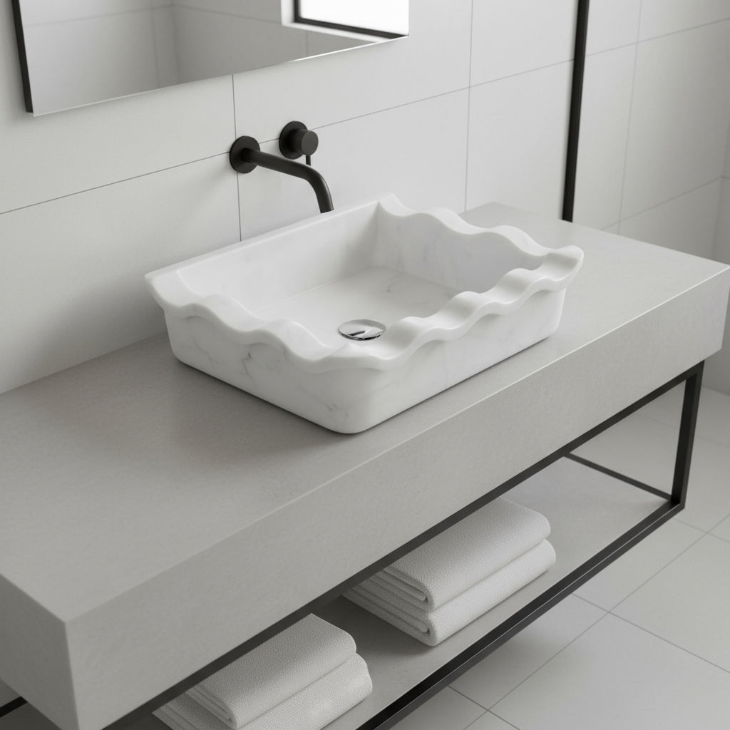 Luxury Marble Bathroom Sink – Carrara White Wall-Mount Rectangular Vanity with Wavy Edges