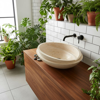 Luxury Marble Vessel Sink – Natural Travertine Stone Bathroom Basin, Handcrafted Modern Vanity Bowl (40x40x14 cm)