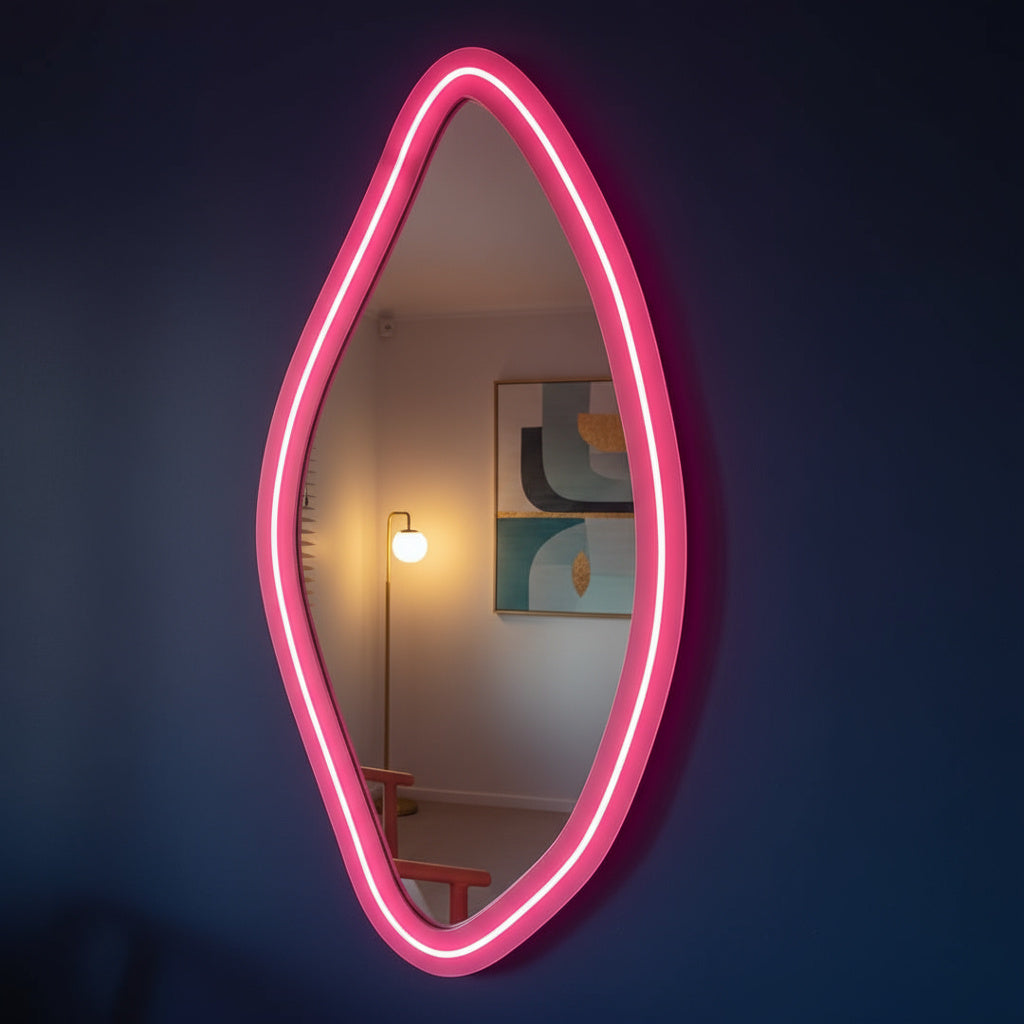 Neon LED Wavy Wall Mirror – Modern Irregular Shape MDF Frame Mirror | Decorative Accent for Bedroom & Living Room
