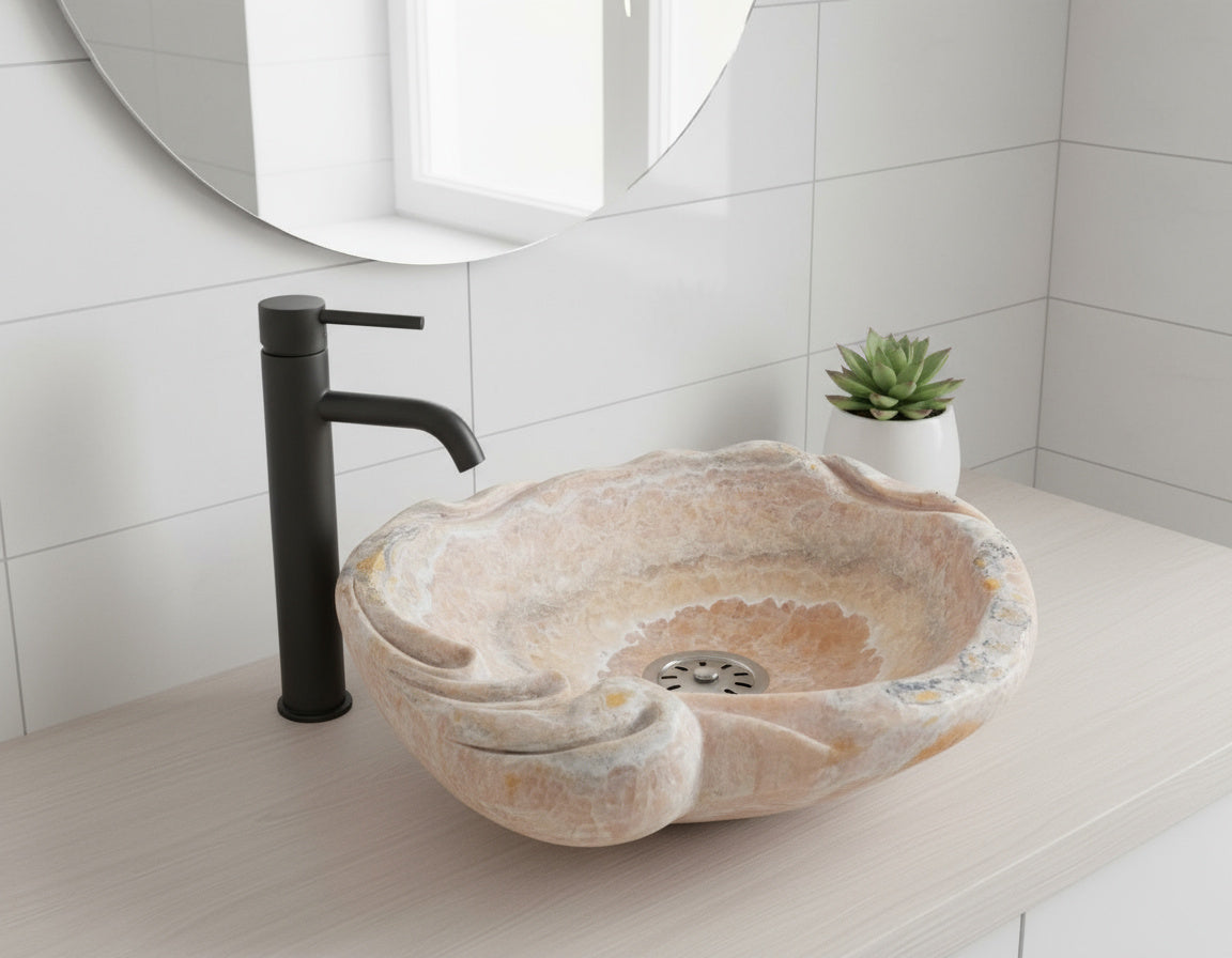 Marble Sink – Luxury Stone Sink Bathroom Basin (50x55x15 cm), Handcrafted Natural Marble Vanity Bowl