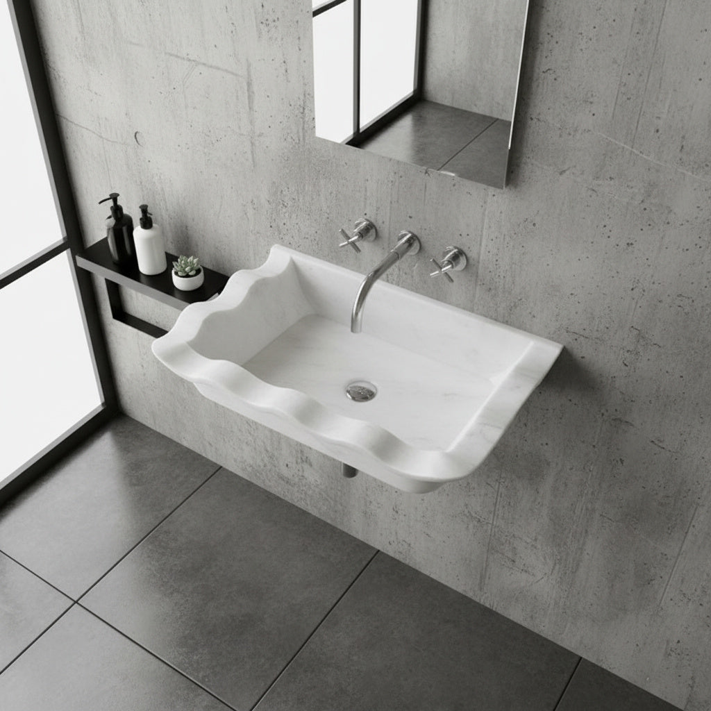 Luxury Marble Bathroom Sink – Carrara White Wall-Mount Rectangular Vanity with Wavy Edges