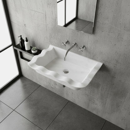 Luxury Marble Bathroom Sink – Carrara White Wall-Mount Rectangular Vanity with Wavy Edges