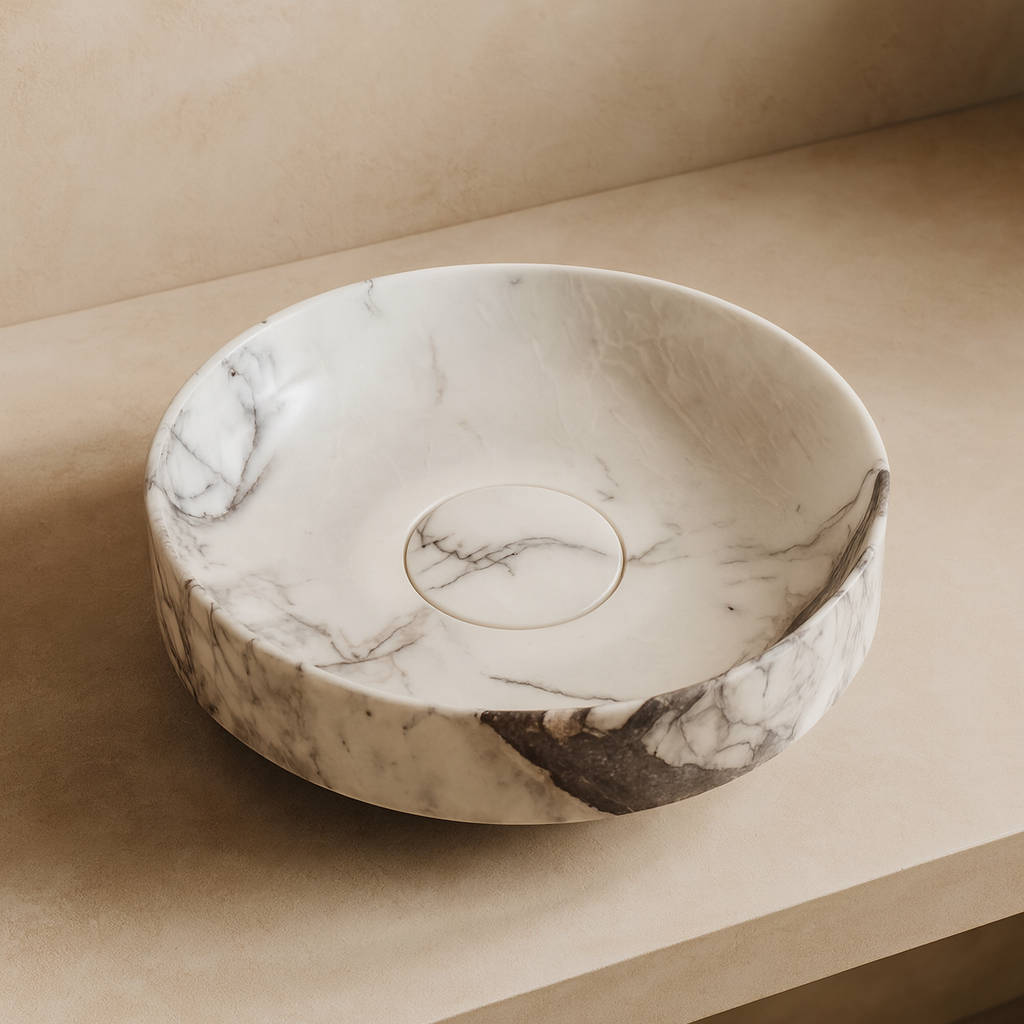 Marble Bathroom Sink – New York Marble Round Vessel Sink Polished | Natural Stone Above Counter Basin