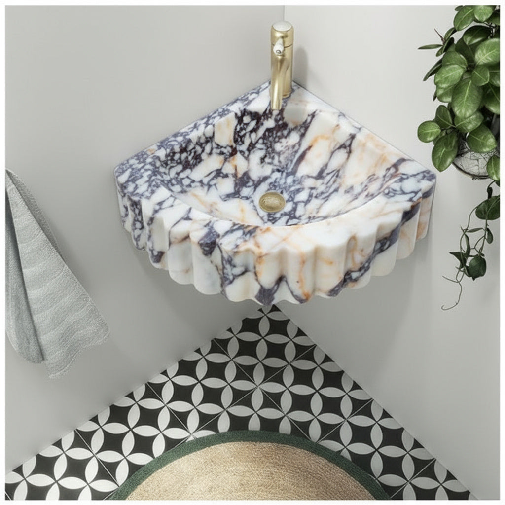 Marble Sink – Calacatta Viola Corner Wall-Mount Ribbed Vanity Sink | Luxury Natural Stone Basin 20"x20"x7"