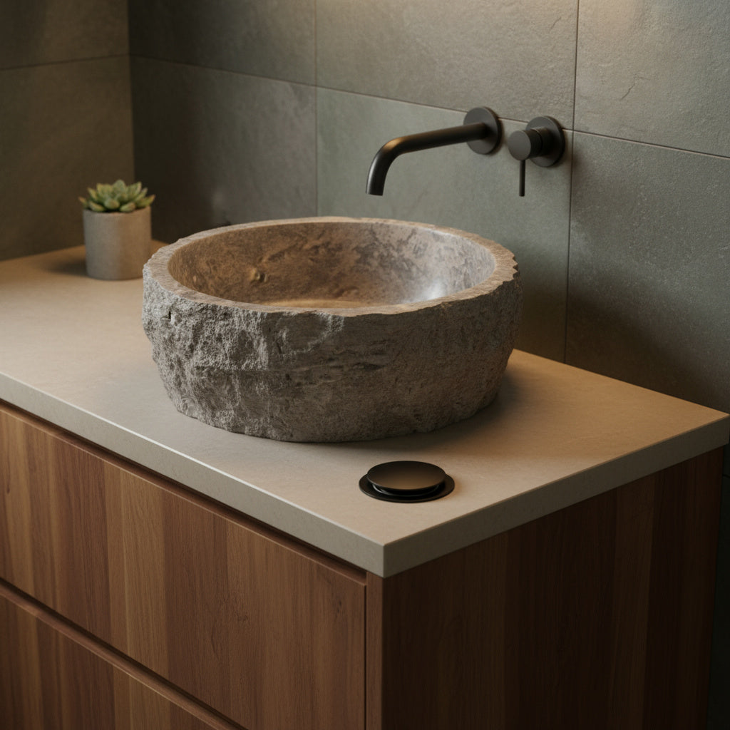 Rustic Stone Bathroom Sink – Silver Travertine Vessel Sink | Natural Hand-Carved Vanity Bowl