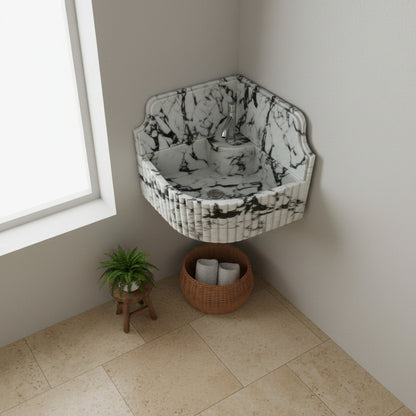 Marble Sink – Calacatta Viola Corner Wall-Mount Bathroom Sink with Fluted Design & 8" Backsplash | Luxury Natural Stone Basin 16"x16"x8"