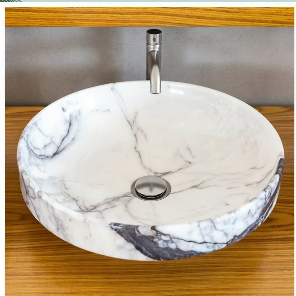Marble Bathroom Sink – New York Marble Round Vessel Sink Polished | Natural Stone Above Counter Basin
