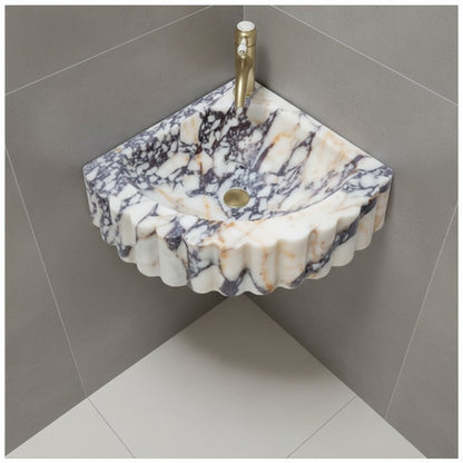 Marble Sink – Calacatta Viola Corner Wall-Mount Ribbed Vanity Sink | Luxury Natural Stone Basin 20"x20"x7"