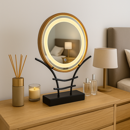 LED Makeup Mirror with Wooden Frame – Dimmable Touch Lighted Vanity Mirror & Jewelry Holder
