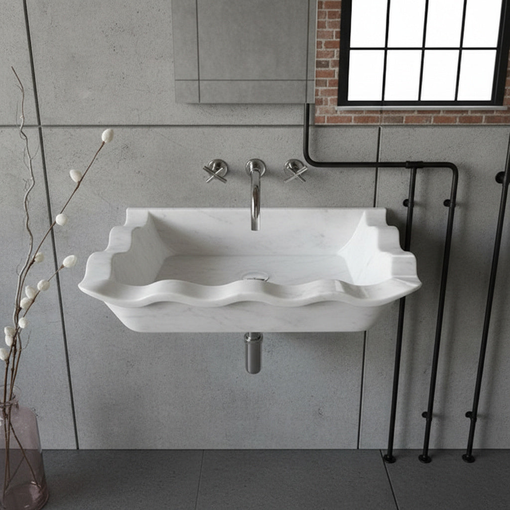 Luxury Marble Bathroom Sink – Carrara White Wall-Mount Rectangular Vanity with Wavy Edges