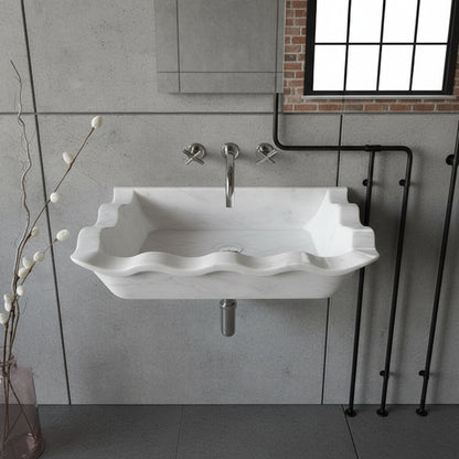 Luxury Marble Bathroom Sink – Carrara White Wall-Mount Rectangular Vanity with Wavy Edges