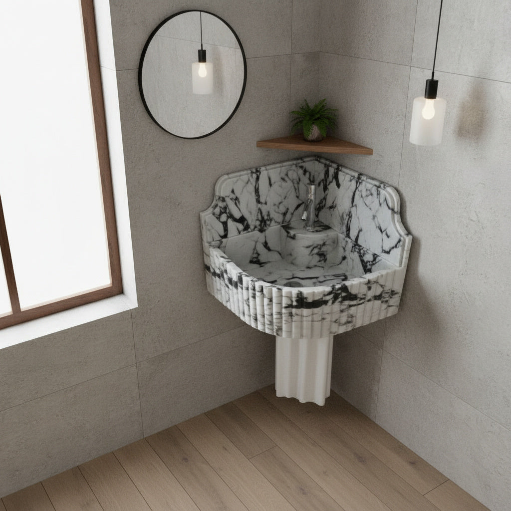 Marble Sink – Calacatta Viola Corner Wall-Mount Bathroom Sink with Fluted Design & 8" Backsplash | Luxury Natural Stone Basin 16"x16"x8"