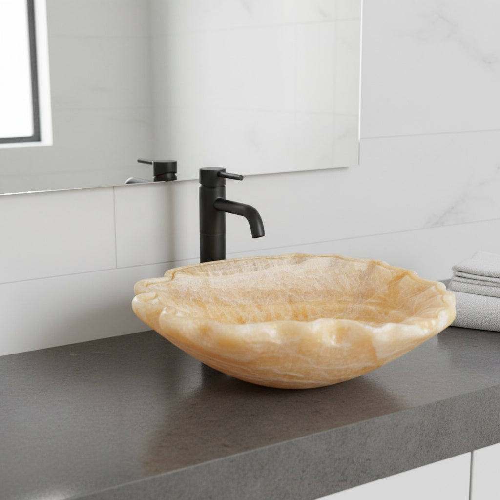Luxury Marble Vessel Sink – Hand-Carved Natural Stone Bathroom Basin, Amber Onyx Vanity Bowl