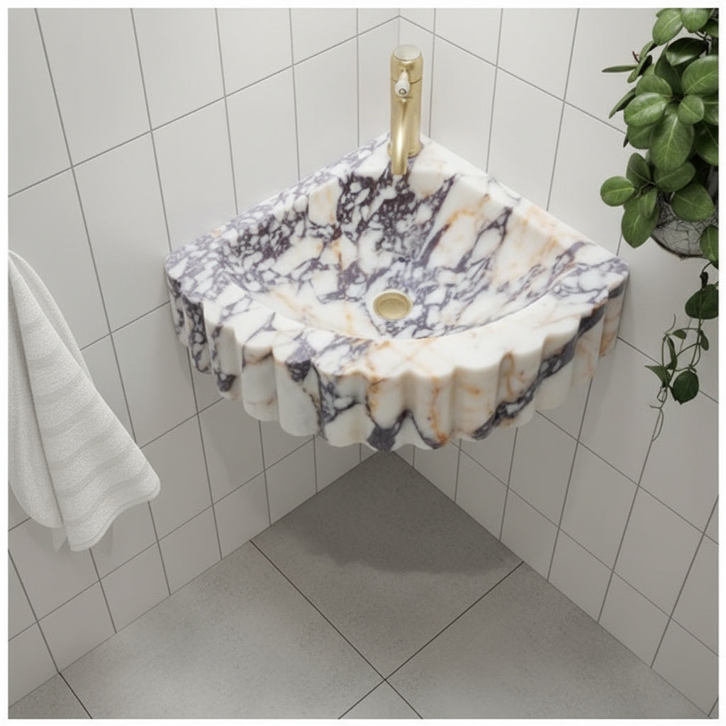 Marble Sink – Calacatta Viola Corner Wall-Mount Ribbed Vanity Sink | Luxury Natural Stone Basin 20"x20"x7"