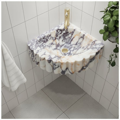 Marble Sink – Calacatta Viola Corner Wall-Mount Ribbed Vanity Sink | Luxury Natural Stone Basin 20"x20"x7"