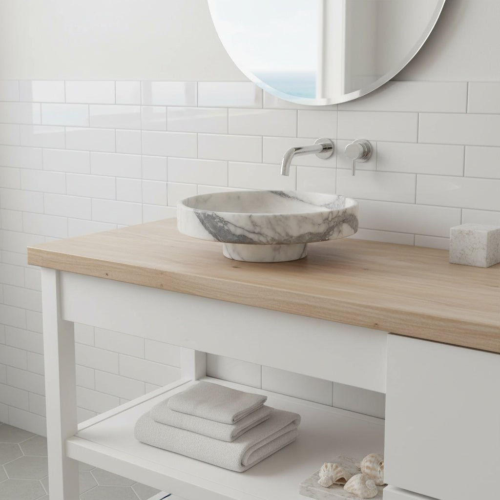 Marble Bathroom Sink – New York Marble Round Vessel Sink Polished | Natural Stone Above Counter Basin