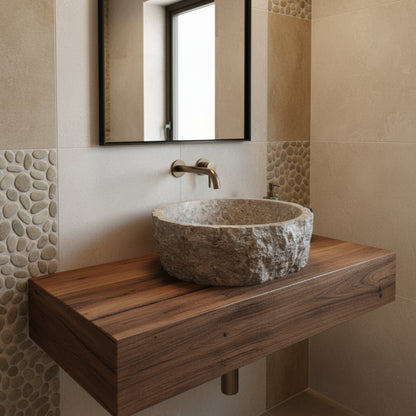 Rustic Stone Bathroom Sink – Silver Travertine Vessel Sink | Natural Hand-Carved Vanity Bowl