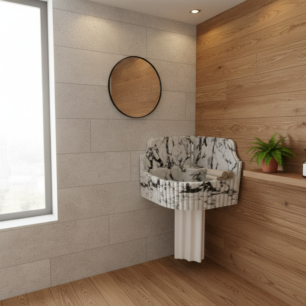 Marble Sink – Calacatta Viola Corner Wall-Mount Bathroom Sink with Fluted Design & 8" Backsplash | Luxury Natural Stone Basin 16"x16"x8"